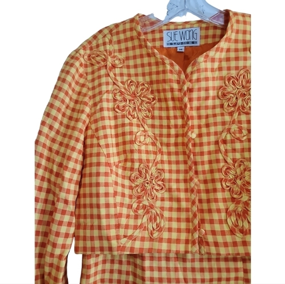 Sue Wong 90s Y2K Clueless Mini Dress Cropped Jacket Set Orange Yellow Gingham - Picture 4 of 10